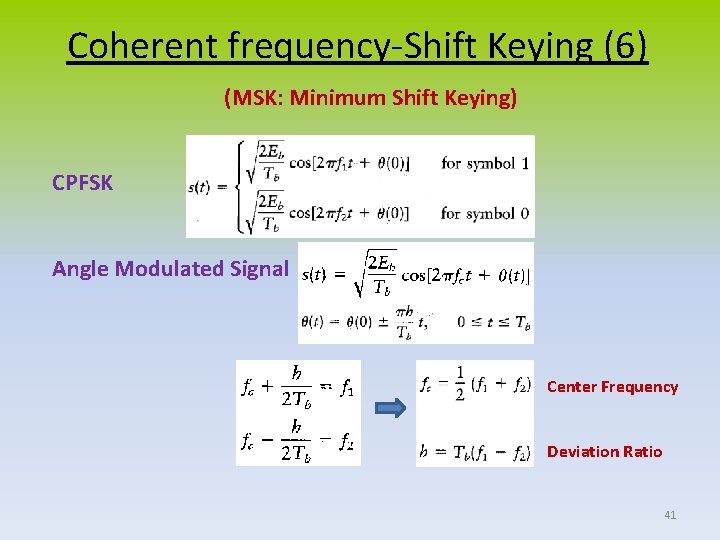 Coherent frequency-Shift Keying (6) (MSK: Minimum Shift Keying) CPFSK Angle Modulated Signal Center Frequency
