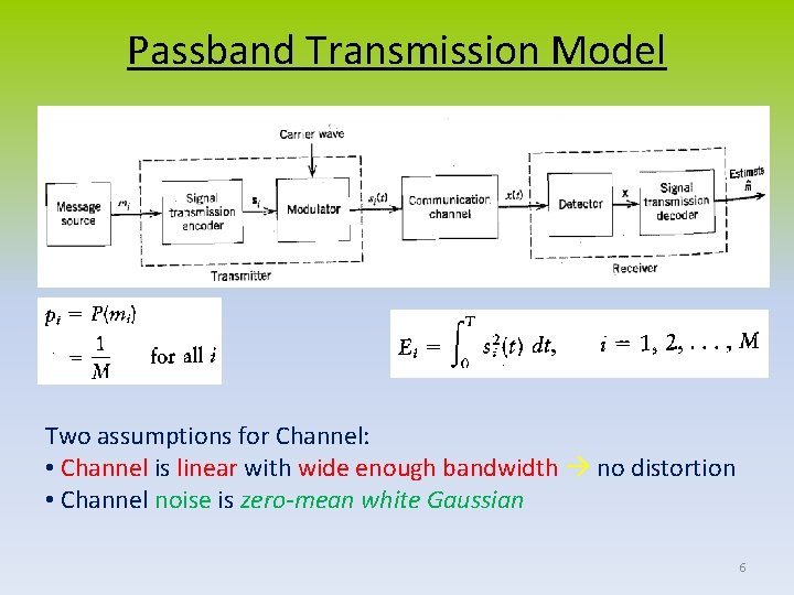 Passband Transmission Model Two assumptions for Channel: • Channel is linear with wide enough