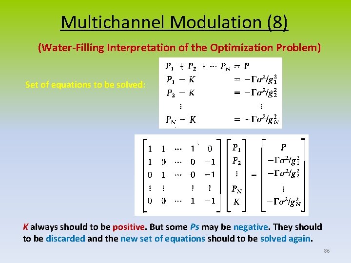 Multichannel Modulation (8) (Water-Filling Interpretation of the Optimization Problem) Set of equations to be