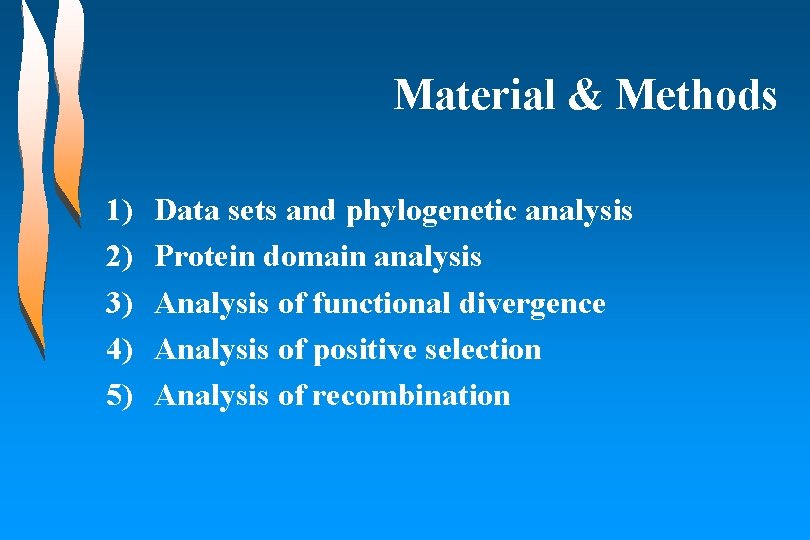 Material & Methods 1) 2) 3) 4) 5) Data sets and phylogenetic analysis Protein