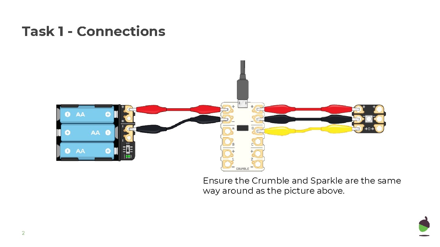 Task 1 - Connections Ensure the Crumble and Sparkle are the same way around