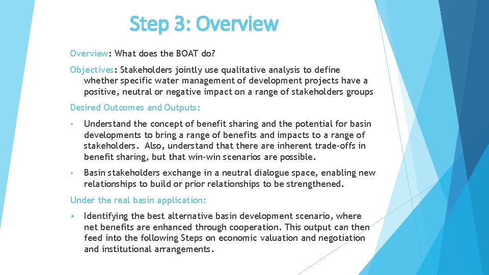 Step 3: Overview: What does the BOAT do? Objectives: Stakeholders jointly use qualitative analysis