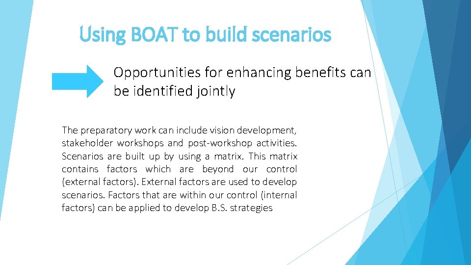 Using BOAT to build scenarios Opportunities for enhancing benefits can be identified jointly The