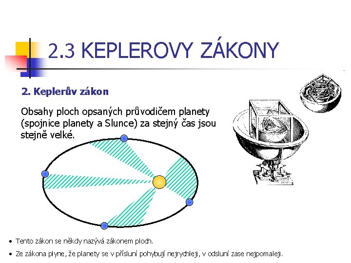 2. 3 KEPLEROVY ZÁKONY 2. Keplerův zákon Obsahy ploch opsaných průvodičem planety (spojnice planety