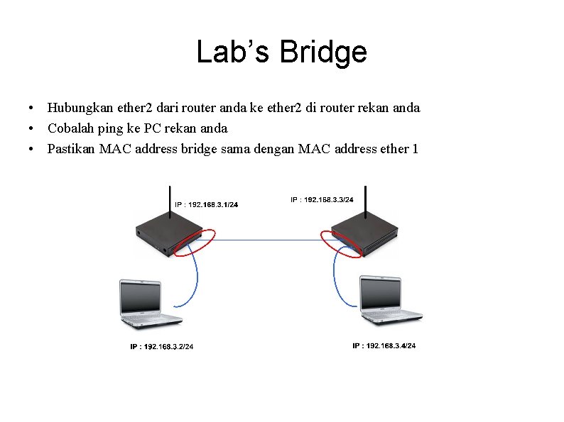 Lab’s Bridge • Hubungkan ether 2 dari router anda ke ether 2 di router