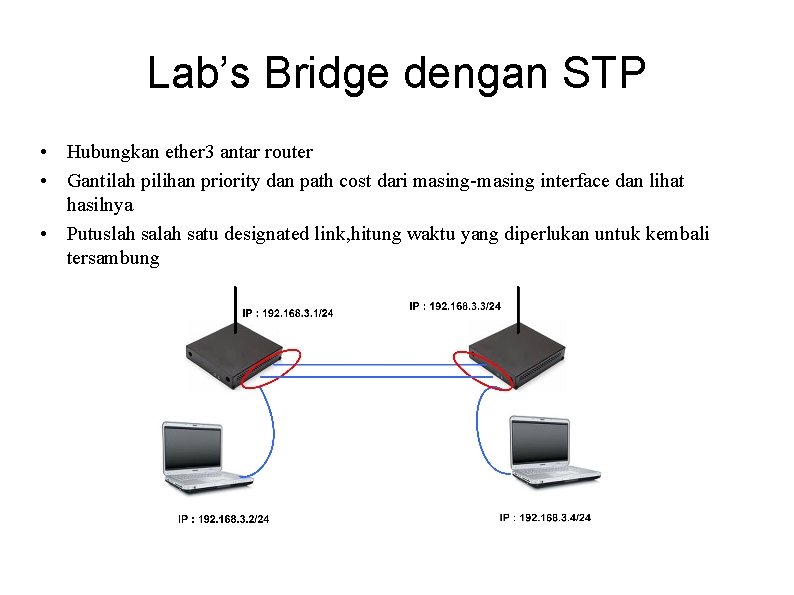 Lab’s Bridge dengan STP • Hubungkan ether 3 antar router • Gantilah pilihan priority