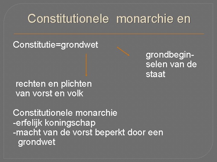 Constitutionele monarchie en Constitutie=grondwet rechten en plichten van vorst en volk grondbeginselen van de