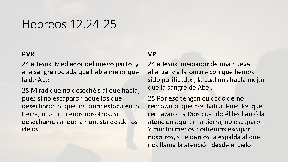 Hebreos 12. 24 -25 RVR 24 a Jesús, Mediador del nuevo pacto, y a