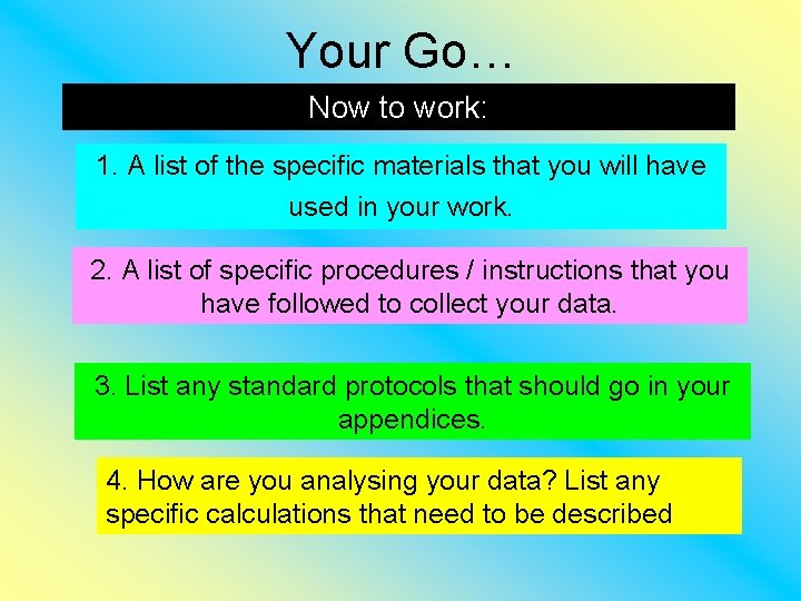 Your Go… Now to work: 1. A list of the specific materials that you