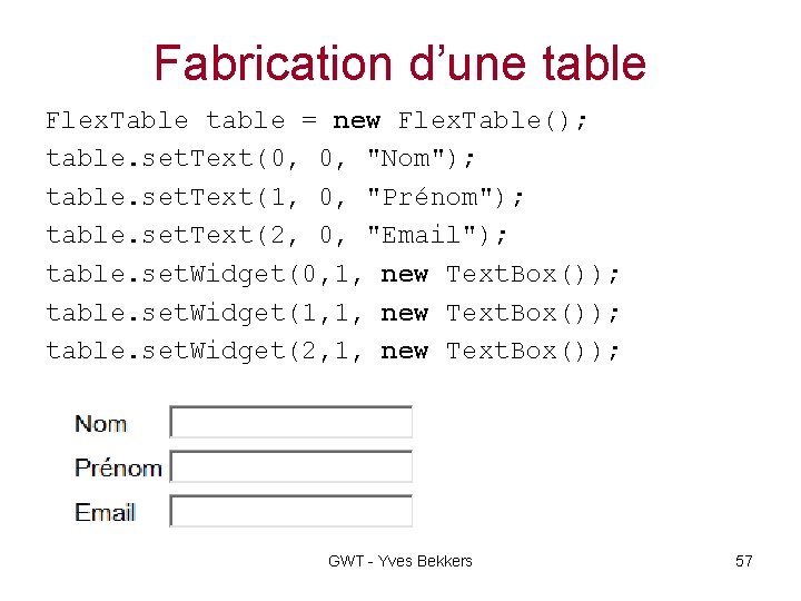 Fabrication d’une table Flex. Table table = new Flex. Table(); table. set. Text(0, 0,