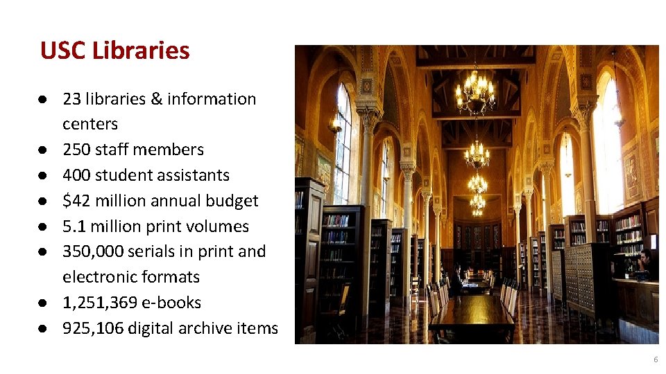USC Libraries ● 23 libraries & information centers ● 250 staff members ● 400