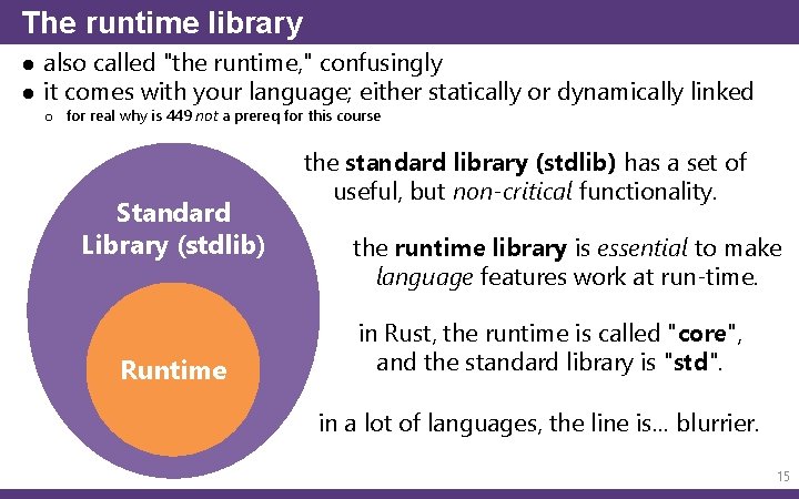 The runtime library ● also called "the runtime, " confusingly ● it comes with