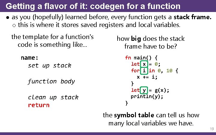 Getting a flavor of it: codegen for a function ● as you (hopefully) learned