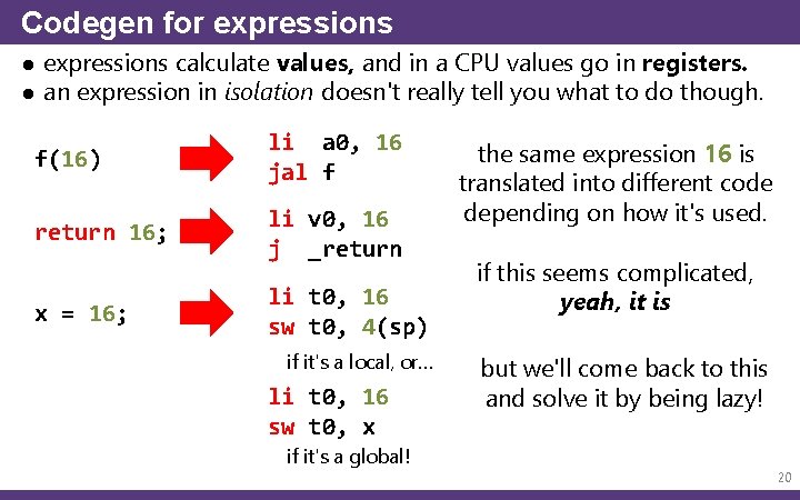 Codegen for expressions ● expressions calculate values, and in a CPU values go in