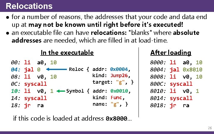 Relocations ● for a number of reasons, the addresses that your code and data