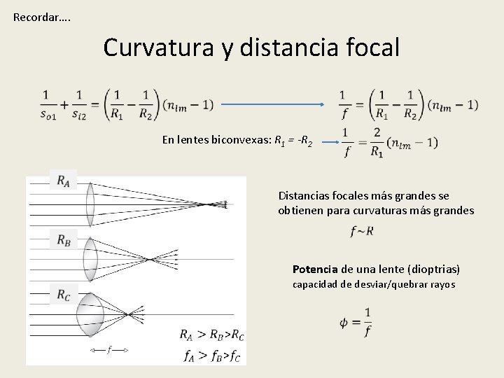 Recordar…. Curvatura y distancia focal En lentes biconvexas: R 1 = -R 2 Distancias