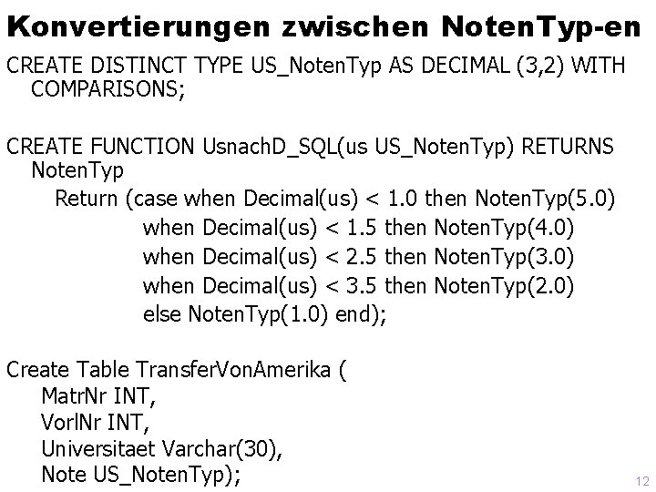 Konvertierungen zwischen Noten. Typ-en CREATE DISTINCT TYPE US_Noten. Typ AS DECIMAL (3, 2) WITH