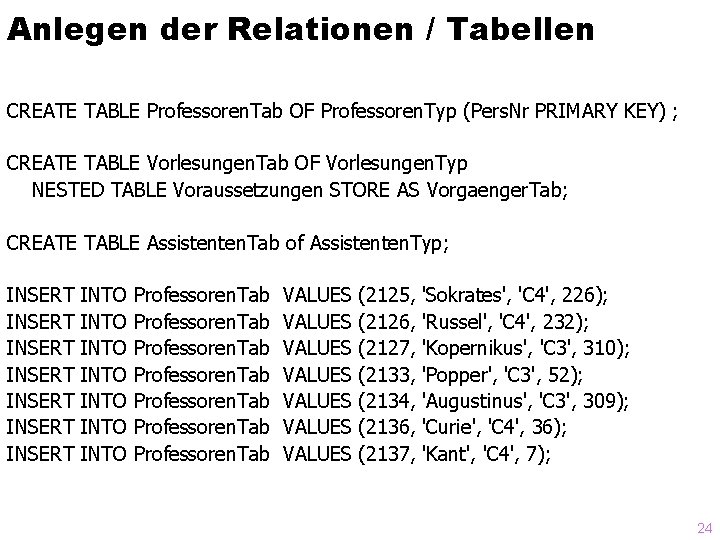 Anlegen der Relationen / Tabellen CREATE TABLE Professoren. Tab OF Professoren. Typ (Pers. Nr