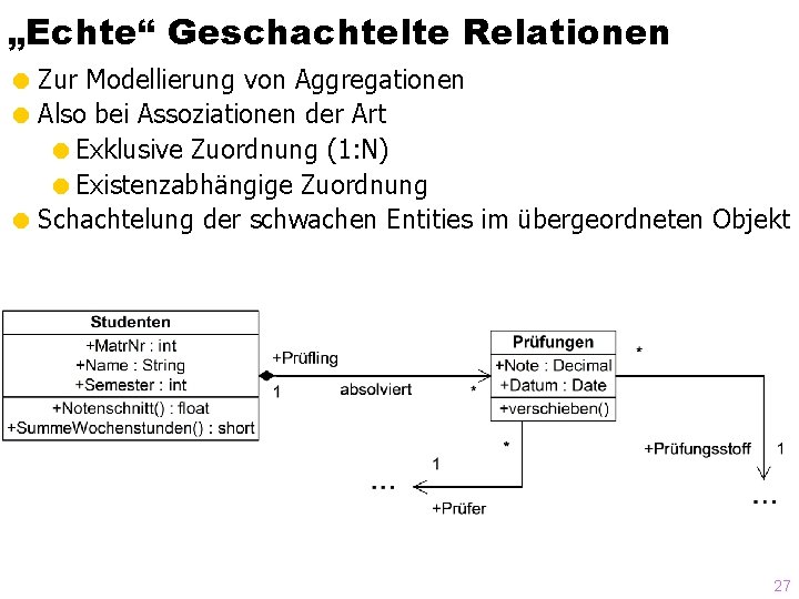 „Echte“ Geschachtelte Relationen = Zur Modellierung von Aggregationen = Also bei Assoziationen der Art