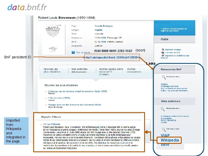 example ISNI 0000 0001 2283 1567 (soon) Bn. F persistent ID Links Imported from