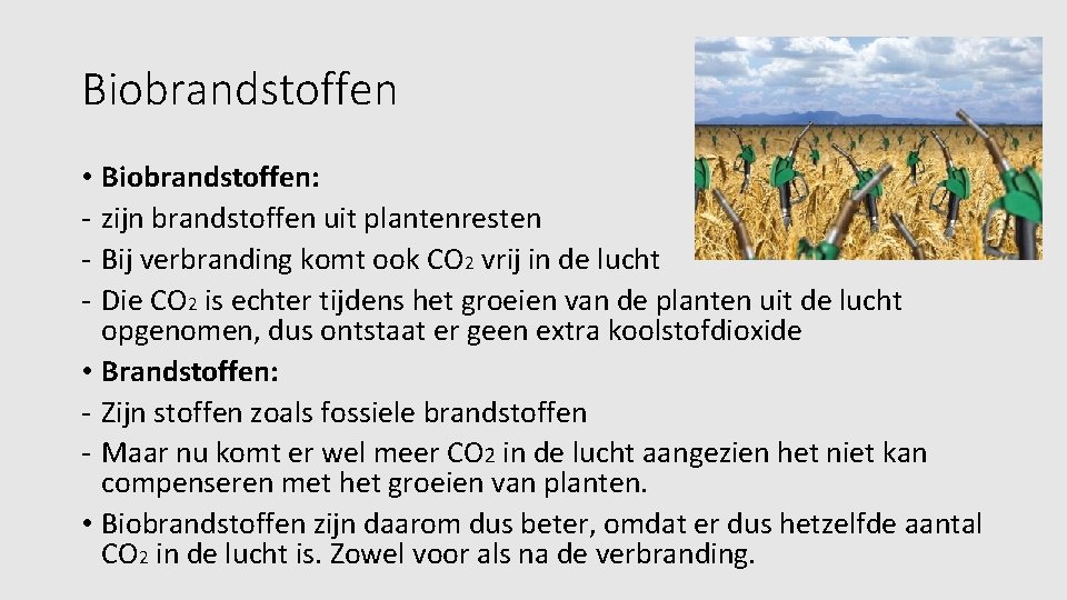 Biobrandstoffen • Biobrandstoffen: - zijn brandstoffen uit plantenresten - Bij verbranding komt ook CO