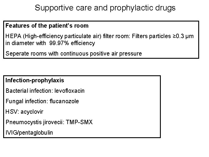 Supportive care and prophylactic drugs Features of the patient’s room HEPA (High-efficiency particulate air)