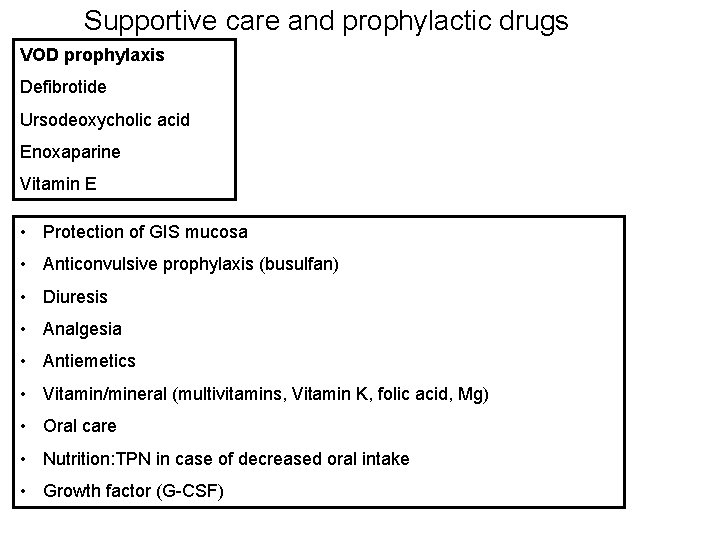 Supportive care and prophylactic drugs VOD prophylaxis Defibrotide Ursodeoxycholic acid Enoxaparine Vitamin E •