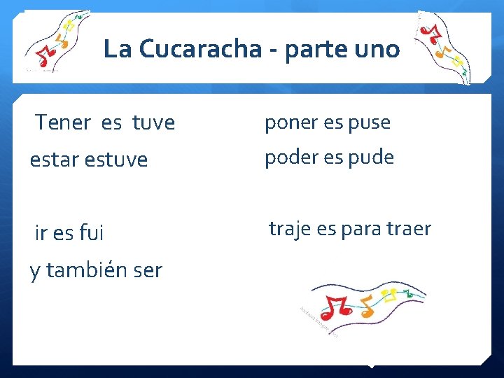 La Cucaracha - parte uno Tener es tuve poner es puse estar estuve poder