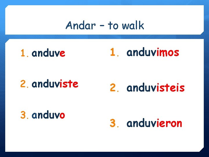 Andar – to walk 1. anduve 1. anduvimos 2. anduvisteis 3. anduvo 3. anduvieron