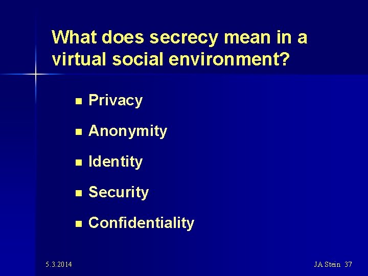 What does secrecy mean in a virtual social environment? 5. 3. 2014 n Privacy
