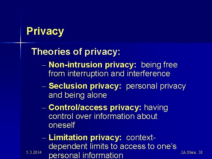 Privacy Theories of privacy: – Non-intrusion privacy: being free from interruption and interference –