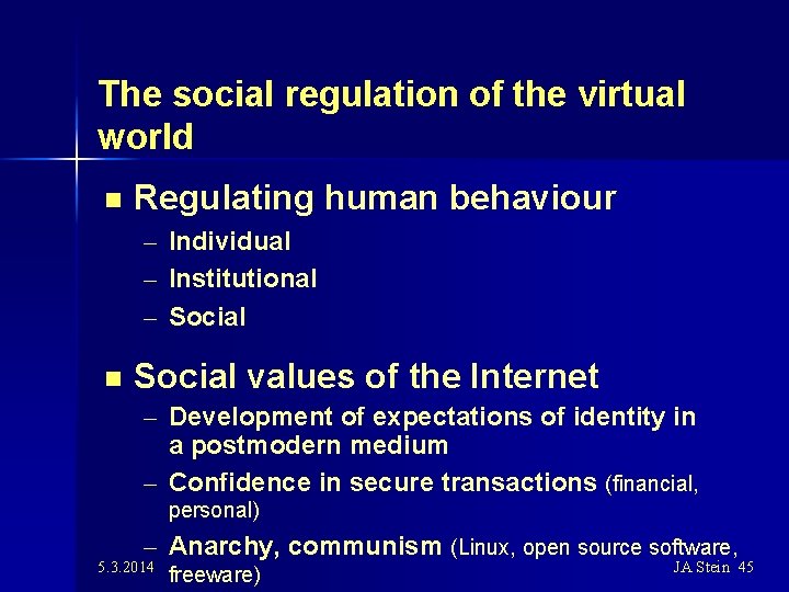 The social regulation of the virtual world n Regulating human behaviour – Individual –