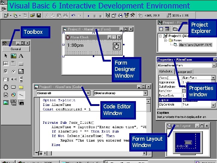 Visual Basic 6 Interactive Development Environment Project Explorer Toolbox Form Designer Window Properties window Visual Basic 6 Interactive Development Environment Project Explorer Toolbox Form Designer Window Properties window