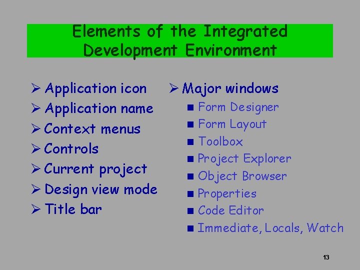 Elements of the Integrated Development Environment Ø Application icon Ø Major windows n Form Elements of the Integrated Development Environment Ø Application icon Ø Major windows n Form
