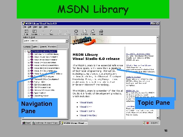 MSDN Library Navigation Pane Topic Pane 16 MSDN Library Navigation Pane Topic Pane 16