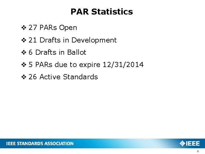 PAR Statistics v 27 PARs Open v 21 Drafts in Development v 6 Drafts