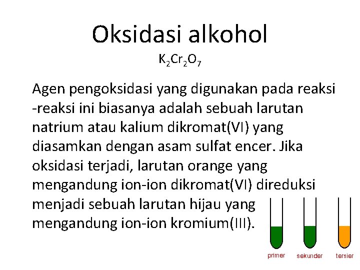 Oksidasi alkohol K 2 Cr 2 O 7 Agen pengoksidasi yang digunakan pada reaksi