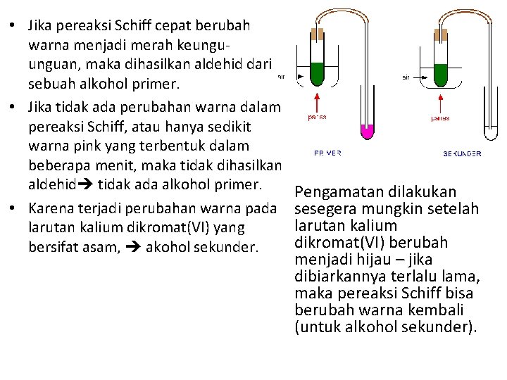  • Jika pereaksi Schiff cepat berubah warna menjadi merah keunguan, maka dihasilkan aldehid