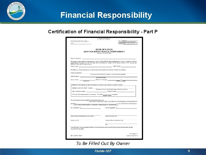 Financial Responsibility Certification of Financial Responsibility - Part P To Be Filled Out By
