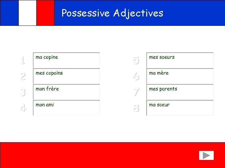 Possessive Adjectives Ecoute et écris ce que tu entends en français 1 5 2
