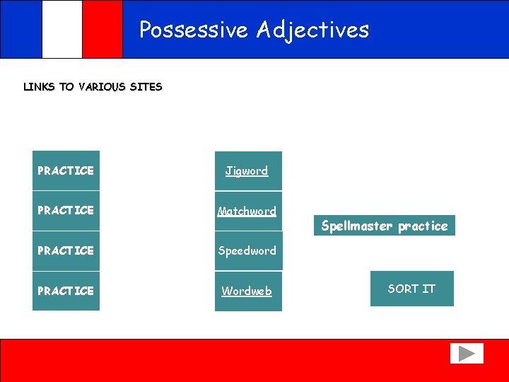 Possessive Adjectives LINKS TO VARIOUS SITES Classification PRACTICE Jigword PRACTICE Matchword PRACTICE Speedword PRACTICE