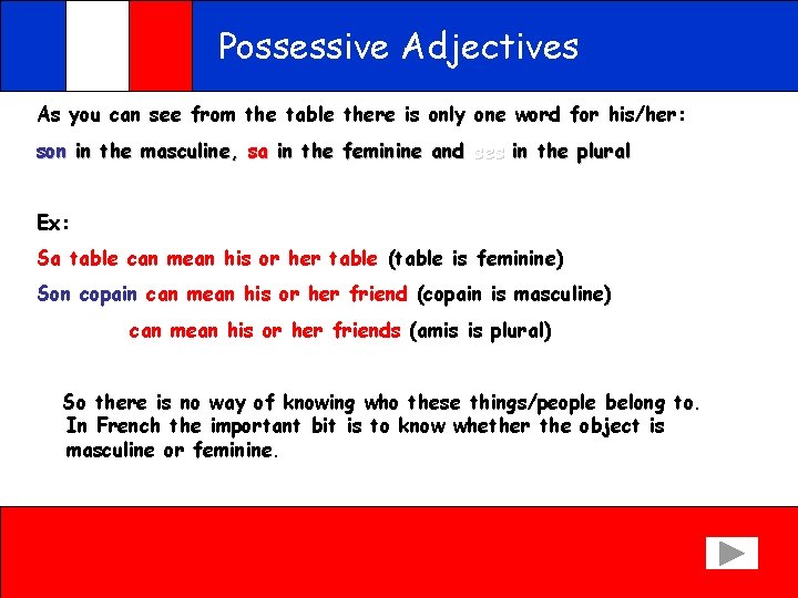 Possessive Adjectives As you can see from the table there is only one word