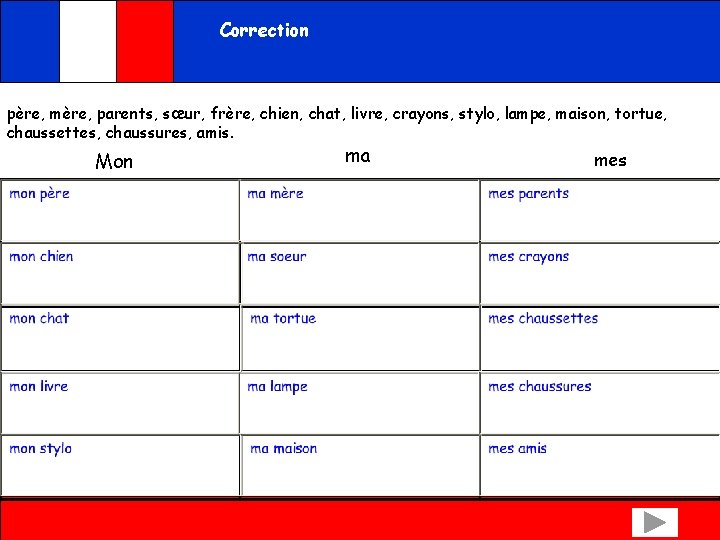 Correction père, mère, parents, sœur, frère, chien, chat, livre, crayons, stylo, lampe, maison, tortue,