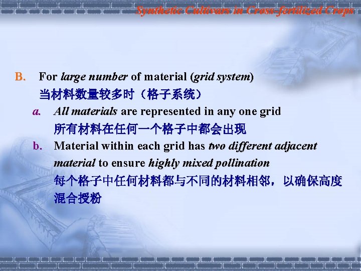 Synthetic Cultivars in Cross-fertilized Crops B. For large number of material (grid system) 当材料数量较多时（格子系统）