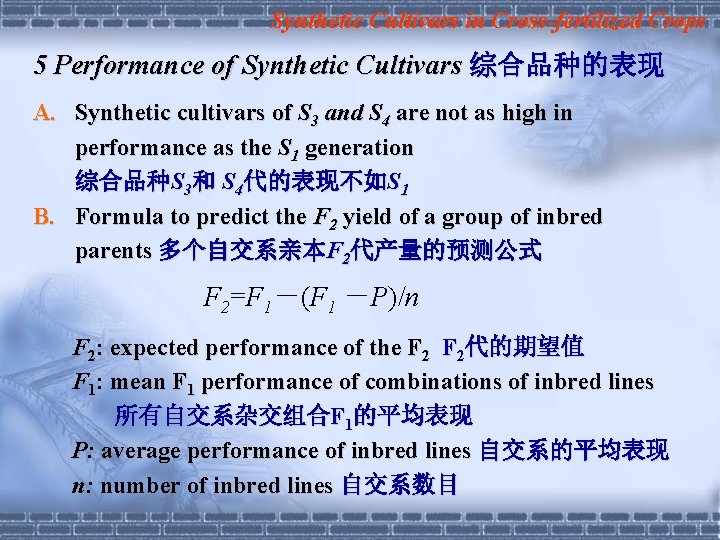 Synthetic Cultivars in Cross-fertilized Crops 5 Performance of Synthetic Cultivars 综合品种的表现 A. Synthetic cultivars