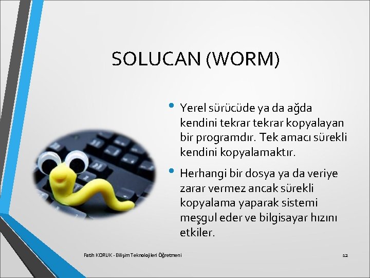 SOLUCAN (WORM) • Yerel sürücüde ya da ağda kendini tekrar kopyalayan bir programdır. Tek