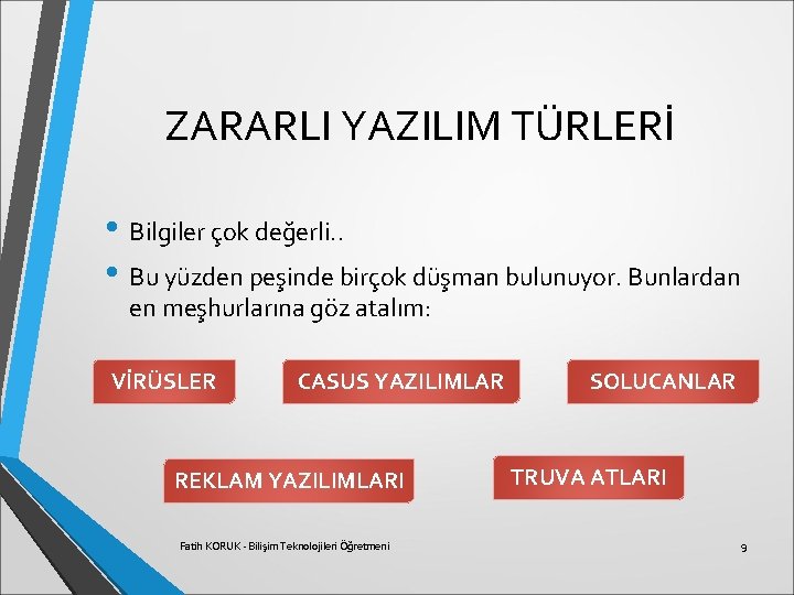 ZARARLI YAZILIM TÜRLERİ • Bilgiler çok değerli. . • Bu yüzden peşinde birçok düşman