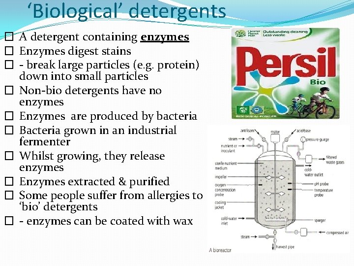 ‘Biological’ detergents � A detergent containing enzymes � Enzymes digest stains � - break