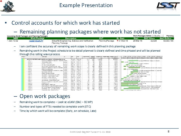 Example Presentation • Control accounts for which work has started – Remaining planning packages