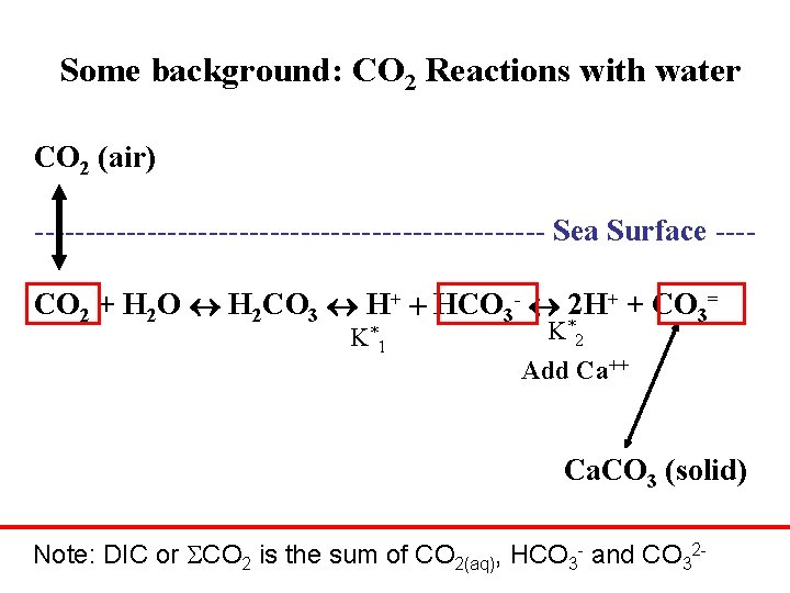 Some background: CO 2 Reactions with water CO 2 (air) ------------------------- Sea Surface ---CO